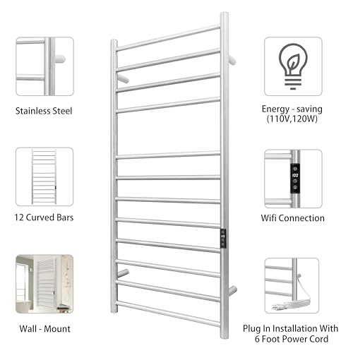 Smart WiFi Towel Warmer Wall Mounted with Built-in Timer and Temperature Adjust Control, 12 Bars Electric Stainless Steel Heated Towel Racks for Bathroom Brushed Nickel