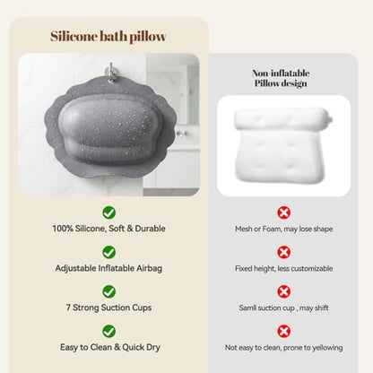 Silicone Bath Pillow for Tub Travel Inflatable Head Neck Support | Easy to Clean, Quick-Drying, No Machine Wash Needed, Non-Slip Suction Cups, Ergonomic, Gifts for Women, Gray - color: Gray