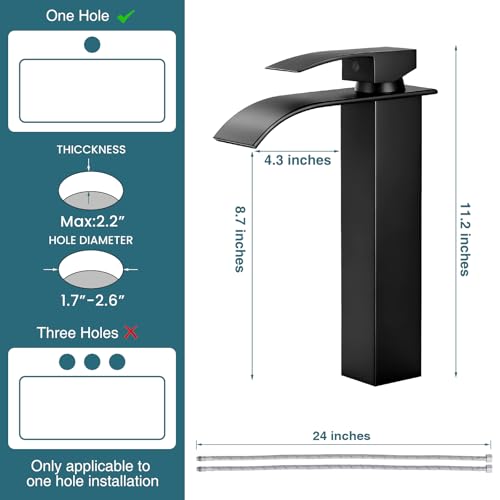 Black Waterfall Bathroom Faucet Single Handle Vessel Sink Faucet | Certified NSF cUPC DOE CEC SUS304 steel.waterfall spout,Bathroom Sink Fauce 1 hole,Pop-up Drain,Fits vanity,Bar sink - color: A-Matte Black, style: Tall
