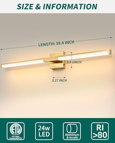 40 Inch Bathroom Vanity Light Fixtures, Gold Modern Light Fixtures Over Mirror, 24W 5CCT Dimmable Wall Light - color: Gold - 1Pack, size: 40 inch