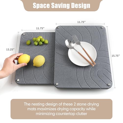 CZWL&HG 2 PCs Stone Dish Drying Mats for Kitchen Counter-Diatomaceous Dish Drying Mats Superb Absorbent with Non-Slip Stainless Steel Feet,Heat Resistant,15.7"(L)×11.8"(W)