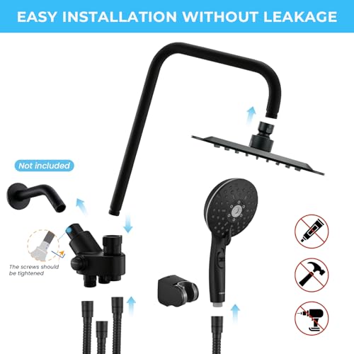 Dual Shower Head Combo, 8'' High Pressure Rain Shower Head with Handheld Spray, 6+1 Spray Settings Handheld Showerhead, Height Adjustable, One-touch Pause Button, Matte Black - color: Black