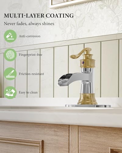 Bathroom Faucet Waterfall Sink Faucets Bathroom Widespread Single Handle | Chrome and Gold for 1 or 3 Holes Rustic Vanity Farmhouse with Pop-up Drain Deck Plate Hose by Homevacious - color: Chrome & Gold