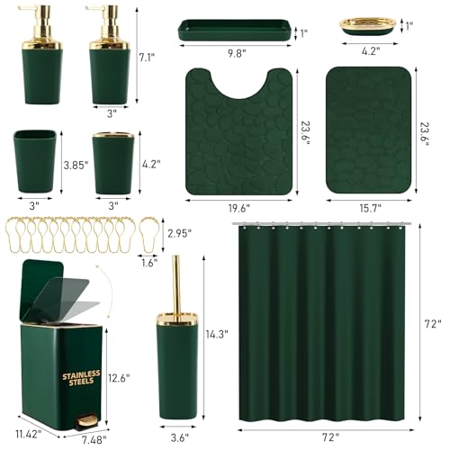 Bathroom Sets with Shower Curtain and Rugs Bathroom Accessories Set Dark Green Bathroom Set,Soap Dispenser & Toilet Brush Holder Set with Stainless Steel Trash Can(23 PCS) - size: Dark Green, style: Bath Set+Waffle Shower Curtain+Bath Rugs