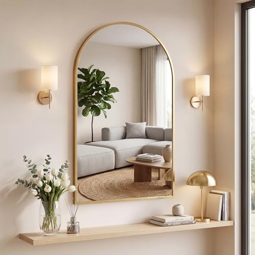 OLIXIS Arched Bathroom Wall Mirror, Vanity Mirror for Over Sink, 24x36 | Matte Metal Frame, Tempered Glass Shatterproof, Home Decor, Living Room, Gold - color: Gold-arch, size: 36.5"L x 24"W