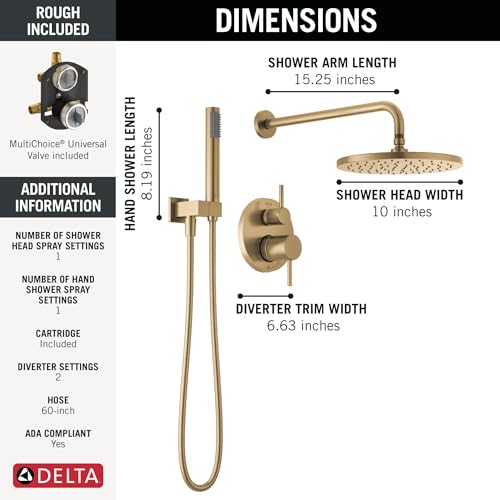 Delta Modern 14 Series Round Rain Shower System Faucet Set, Rainfall Brushed Gold Shower Head and Handle Set, Valve Trim Kit, 10 Inch, Champagne Bronze 342702-CZ - color: Champagne Bronze