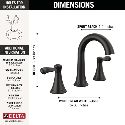 Delta Faucet Esato Widespread Bathroom Faucet 3 Hole, Matte Black Bathroom Faucet, Bathroom Sink Faucet, Drain Assembly Included, Matte Black 35897LF-BL - color: Matte Black