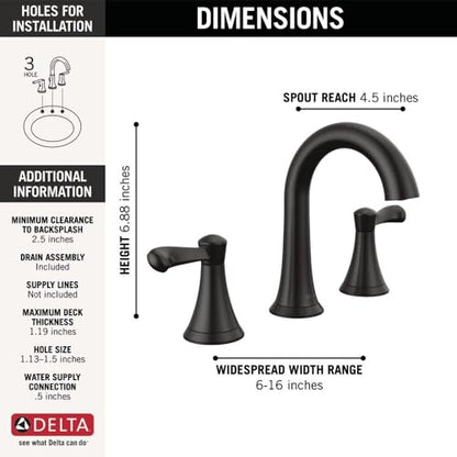 Delta Faucet Esato Widespread Bathroom Faucet 3 Hole, Matte Black Bathroom Faucet, Bathroom Sink Faucet, Drain Assembly Included, Matte Black 35897LF-BL - color: Matte Black
