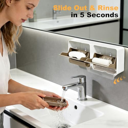 Strong Adhesive Hook Wall-Mounted Soap Dish Holder, 2-Layer Draining Tray with Removable Container, Keeps Soap Dry for Bathroom, Shower, Sink, Kitchen- Space Saver (1-Pack Khaki-Dual Compartment) - color: 1-pk Khaki-dual Compartment