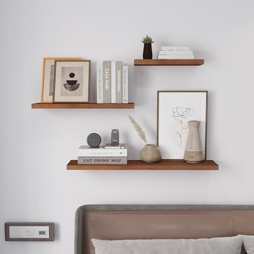 SAUMONIERES Floating Wall Shelves for Bedroom Bathroom Wall Mounted Solid Wood Shelf 24 Inch Set of 3, Walnut Floating Shelves - color: Walnut, size: 24 Inch-3 shelves