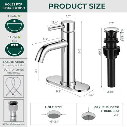 Bathroom Faucet, Single Handle Vanity Sink Faucet, Chrome | Chrome, for 1/3-Hole, Stainless Steel, Ceramic Cartridge, Pop-Up Drain, Deck Plate, For Vanity Powder Laundry - color: Chrome