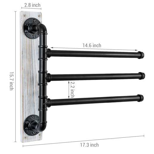 MyGift Swivel Towel Rack, Wall Mounted Towel Holder with 3 Tier Industrial Metal Pipe Towel Bars, Wooden Base Rustproof Swing Out Towel Hanger for Bathroom, Kitchen, Pool (White) - color: Whitewashed / Black