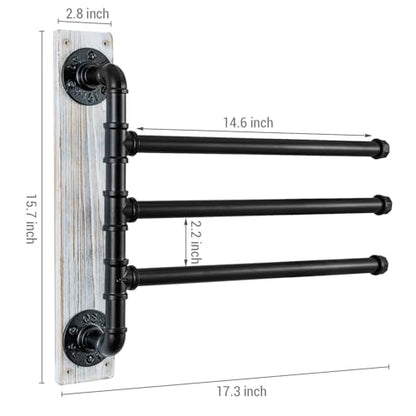 MyGift Swivel Towel Rack, Wall Mounted Towel Holder with 3 Tier Industrial Metal Pipe Towel Bars, Wooden Base Rustproof Swing Out Towel Hanger for Bathroom, Kitchen, Pool (White) - color: Whitewashed / Black