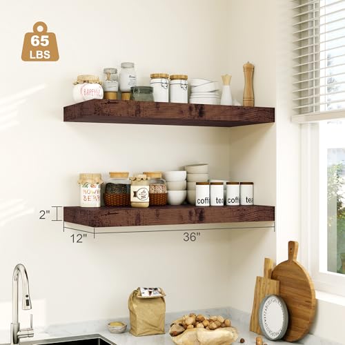 Heimlove 12" Deep Rustic Brown Floating Shelves,Over Toilet Long Wall Mounted Modern Farmhouse 36 inches,Wall Shelves with Invisible Brackets for Bedroom, Bathroom, Living Room, Kitchen, Set of 1 - color: Rustic Brown, size: 35.4"W x 11.6"D x 2"H, 1 Pack