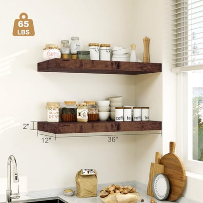 Heimlove 12" Deep Rustic Brown Floating Shelves,Over Toilet Long Wall Mounted Modern Farmhouse 36 inches,Wall Shelves with Invisible Brackets for Bedroom, Bathroom, Living Room, Kitchen, Set of 1 - color: Rustic Brown, size: 35.4"W x 11.6"D x 2"H, 1 Pack