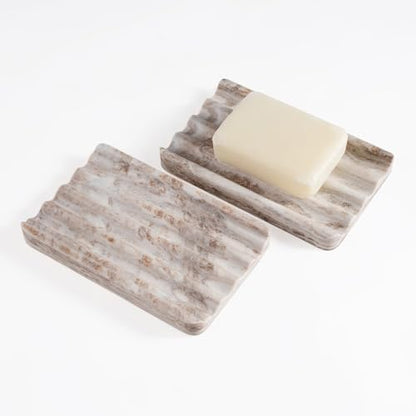 2 Pcs Soap Dish for Bathroom, Marble Bar Soap Holder for Kitchen Countertop, Soap Tray with Wavy Design, Soap Saver for Bath Tub, Sponges, Italian Natural Stone(Palissandro Classico) - color: Palissandro Classico
