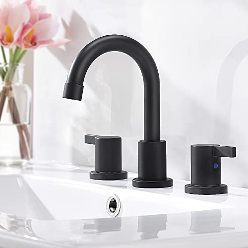 8 Inch 3-Hole Low-Arch 2-Handle Widespread Bathroom Faucet with Valve and Metal Pop-Up Drain Assembly,Matte Black, WF15-1-MB - color: Black