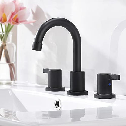 8 Inch 3-Hole Low-Arch 2-Handle Widespread Bathroom Faucet with Valve and Metal Pop-Up Drain Assembly,Matte Black, WF15-1-MB - color: Black