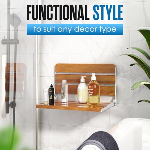 Folding Shower Bench, Folding Shower Seat Wall Mounted Wall Bench 17.5 Inch | Houseables Foldable Teak Chair, Fold Down/Up, Inside, Teakwood, for Adults, Elderly, Waterproof, Stainless Steel Frame