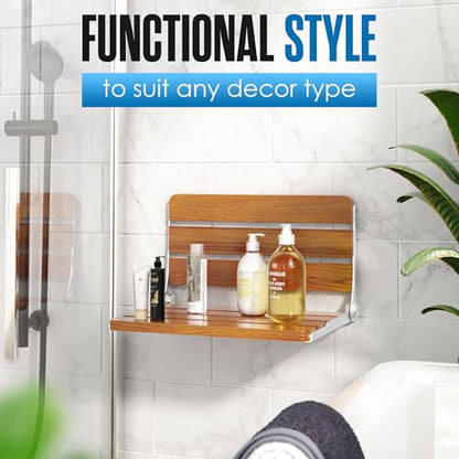 Folding Shower Bench, Folding Shower Seat Wall Mounted Wall Bench 17.5 Inch | Houseables Foldable Teak Chair, Fold Down/Up, Inside, Teakwood, for Adults, Elderly, Waterproof, Stainless Steel Frame