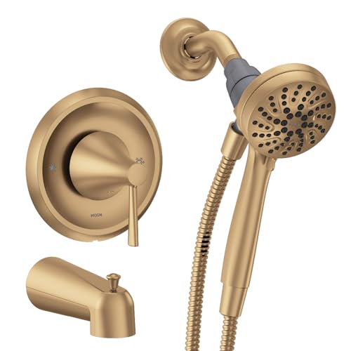 Moen Ronan Bronzed Gold Single-Handle Modern Tub and Shower Faucet with Handheld Rain Shower Spray Head, Shower Handle, Tub Spout, and Valve, 82021BZG - color: Bronzed Gold, style: Round Showerhead