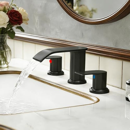 Waterfall Bathroom Faucet 3 Holes, 8 Inch Widespread Faucet 2 Handle Lead-Free Black, Bathroom Faucet with Water Supply Lines Pop Up Drain, Bathroom Basin Lavatory Mixer Tap with Deck Mount Plate - color: Matte Black, size: 8 Inch