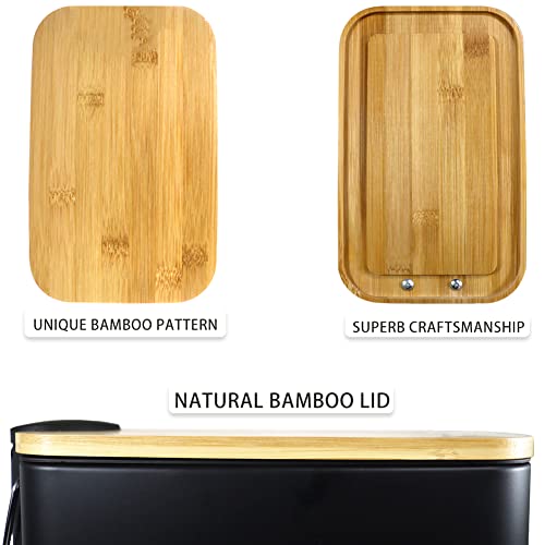SIDIANBAN Bathroom Trash Can with Bamboo Lid Soft Close and Foot Pedal, Small Rectangular Slim Garbage Can with Inner Wastebasket for Bedroom, Office, Kitchen, 1.3Gal/5L, Black | Small Rectangular Slim Garbage Can with Inner Wastebasket for Bedroom, Offic