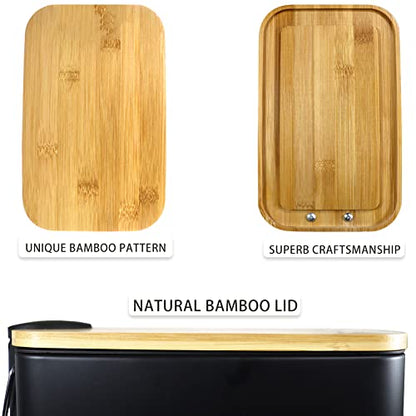 SIDIANBAN Bathroom Trash Can with Bamboo Lid Soft Close and Foot Pedal, Small Rectangular Slim Garbage Can with Inner Wastebasket for Bedroom, Office, Kitchen, 1.3Gal/5L, Black | Small Rectangular Slim Garbage Can with Inner Wastebasket for Bedroom, Offic
