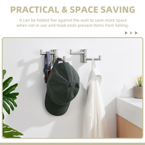 Suyar Brushed Nickel Double Towel Hook, Bathroom Swivel Robe Hook 2 Arms | Foldable Robe Coat Hanger for Kitchen RV Cabinet, SUS304 Stainless Steel Space Saving Towel Holder, Wall Mounted, 2 Pack - color: Brushed Nickel, size: 2 Pack
