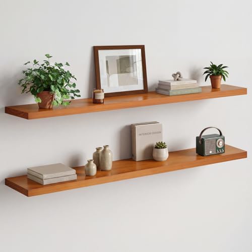 Floating 60 inch Oak Shelves, High End Solid Real Wood 60inch Floating Shelf for Wall Mounted, Honey Oak Wooden 60in Large Floating Shelves, Heavy Duty Bracket, 60 X 6.5 X 1.75 in, Set of 2 - color: Honey Oak - Warm Amber Tone, size: 60 inch