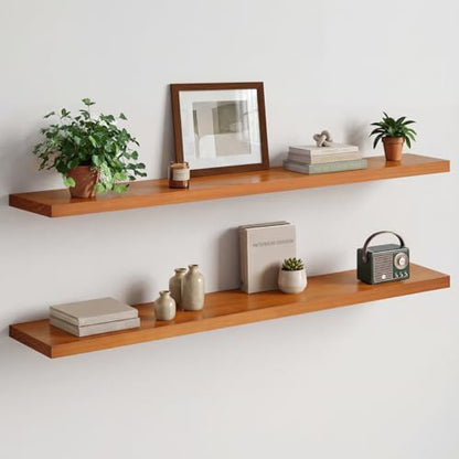 Floating 60 inch Oak Shelves, High End Solid Real Wood 60inch Floating Shelf for Wall Mounted, Honey Oak Wooden 60in Large Floating Shelves, Heavy Duty Bracket, 60 X 6.5 X 1.75 in, Set of 2 - color: Honey Oak - Warm Amber Tone, size: 60 inch