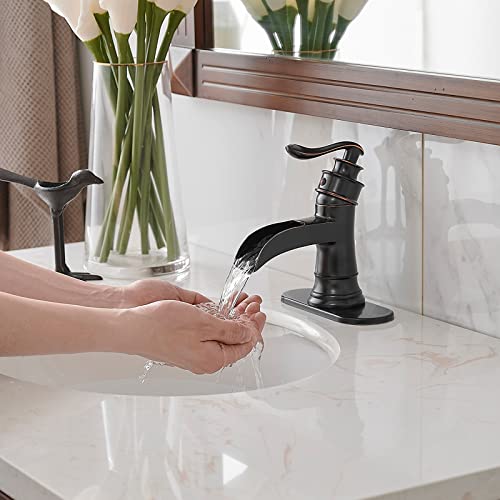 BWE Oil Rubbed Bronze Waterfall Bathroom Faucet, Solid Brass, 1.2 GPM | Waterfall Spout, Ceramic Cartridge, California-Compliant, Fits 1 or 3-Hole Sinks, Handware Included, Single Handle - color: Bronze