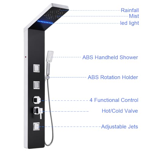 ELLO&ALLO Stainless Steel Shower Panel Tower System, LED Rainfall Head Rain Massage System with Body Jets, Black and Slive - color: Black and Slive