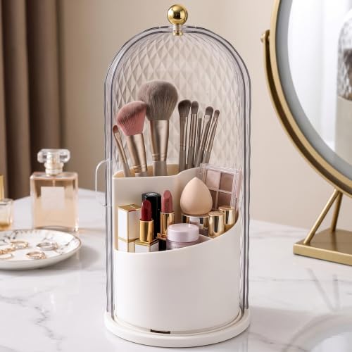 QIYVLOS Toothbrush Holders with Sliding Lid, Rotating 3 Slots Bathroom Organizer Countertop, Tooth Brush Toothpaste Holder Bathroom Counter Stand Caddy for Vanity Makeup Brushes Holder (White) - color: White