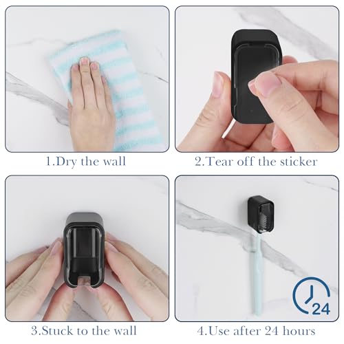 4 Pack Toothbrush Holders for Bathrooms Shower, Wall Mount Toothbrush Organizer with Cover, Self Adhesive Electric Toothbrush Storage, Quick Dry Toothbrush Hanger (Black) - color: Black