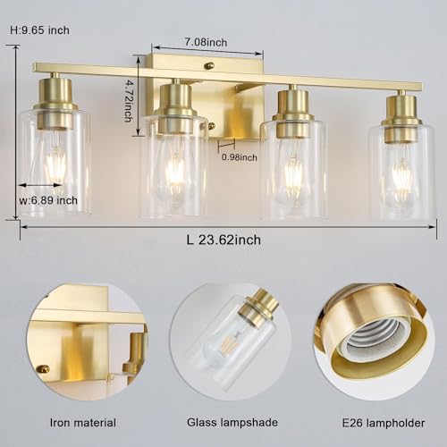 4-Lights Gold Bathroom Light Fixture, Brushed Brass Vanity Light with Clear Glass Shade, Modern Bath Wall Lights for Living Room, Hallway, Bedroom - color: Gold 4-Light
