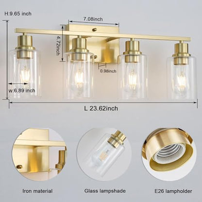 4-Lights Gold Bathroom Light Fixture, Brushed Brass Vanity Light with Clear Glass Shade, Modern Bath Wall Lights for Living Room, Hallway, Bedroom - color: Gold 4-Light