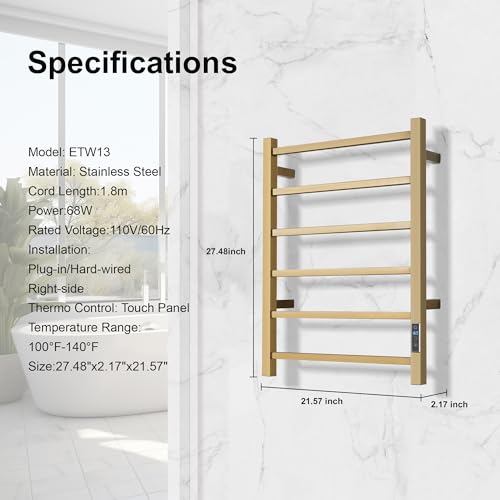 Electric Heated Towel Warmer - Wall Mounted Bathroom Towel Rack, Plug-in Design & Gold Brushed Stainless Steel 6 Bar Gold with Timer & Temperature Control - color: Square Gold With Timer, size: 6 Bar