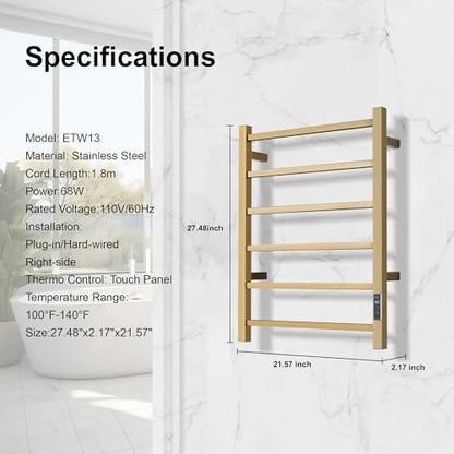 Electric Heated Towel Warmer - Wall Mounted Bathroom Towel Rack, Plug-in Design & Gold Brushed Stainless Steel 6 Bar Gold with Timer & Temperature Control - color: Square Gold With Timer, size: 6 Bar