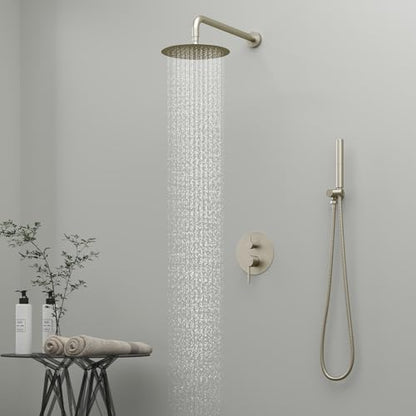 BESy Shower System with 10 Inch Round Rain Shower Head and Handheld Wall Mounted, High Pressure Rainfall Shower Faucet Fixture Combo Set with 2 in 1 Handheld Showerhead for Bathroom, Nickel - color: Nickel