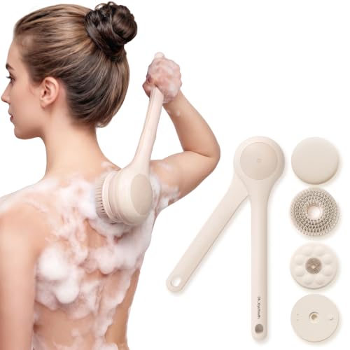 Electric Body Brush, Back Scrubber for Shower with Long Dual Handle, Waterproof Power Shower Brush with 3 Interchangeable Heads & 2 Speeds for Cleansing, Exfoliating and Massage, Nude Pink - color: Nude Pink