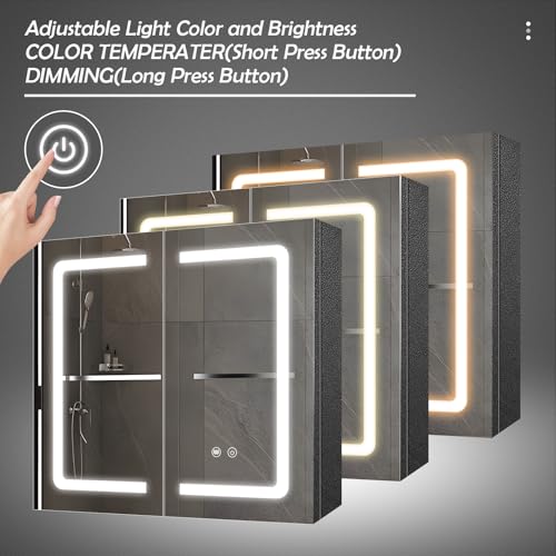 Black Bathroom Mirror Medicine Cabinets with LED Lights, Wall Mounted Mirror Medicine Cabinet with Adustable Shelf, Shaver Socket and Plug, 2 Doors, Anti Fog, Dimmable, Memory Function, 25.5 x 24 inch