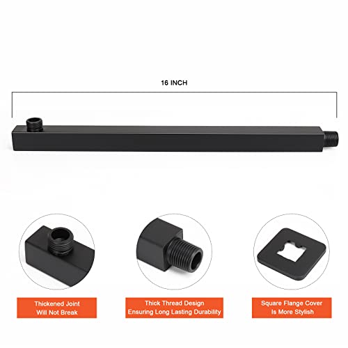 Shower Head with Extension Arm, High Pressure Square with ShowerArm, Stainless Steel Rainfall-Waterfall Full Body Coverage (10'' Shower with 16'' Arm, Matte Black) - color: Matte Black, size: 10'' Shower with 16'' Arm