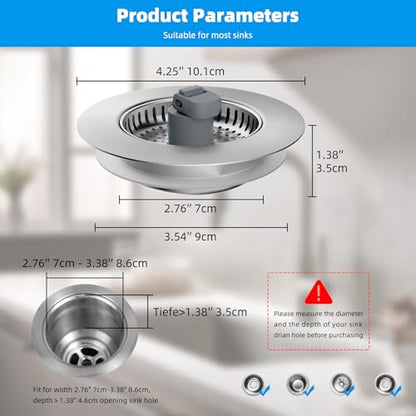 Hibbent 3 in 1 Kitchen Sink Drain Strainer, Stainless Steel Wrapped Shell Drain Stopper Combo, Pop Up Sink Stopper, 3 Anti-Clogging Metal Basket Strainer with Handle for US Standard 3-1/2" Drain - style: SUS304 Drain Part with 3 SUS304 Strainers