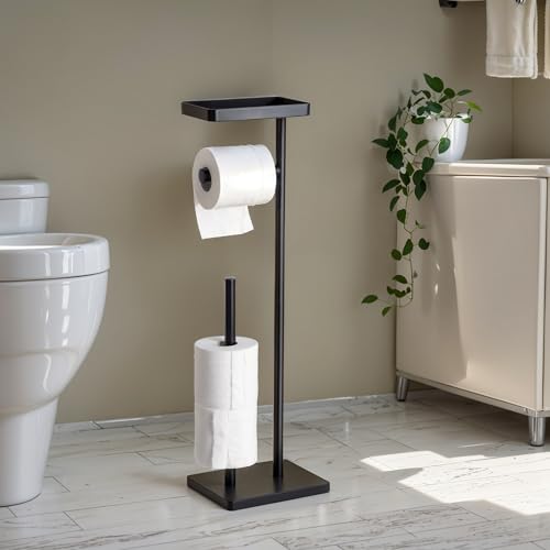 Clasin Home Black Toilet Paper Holder Stand with Metal Top Shelf, Free Standing Bathroom Tissue Roll Holder with Weighted Base and Storage for 4 Rolls - color: Black