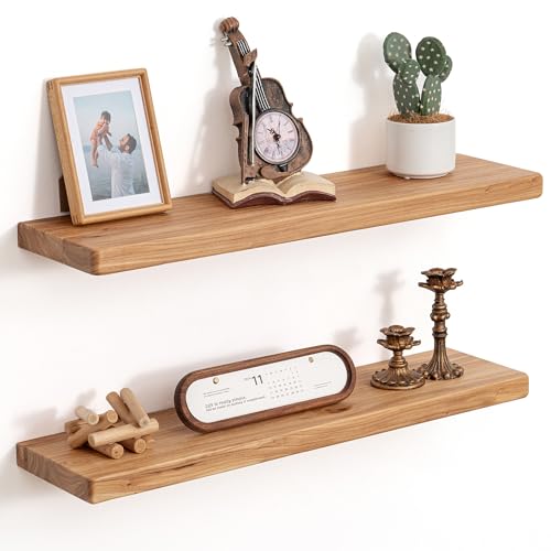 Floating Shelves for Wall, 30"Wx8"D Rustic Solid Elm Wood Floating Shelves Wall Mounted, Round Edge Wall Shelves with Invisible Bracket for Living Room Bathroom Bedroom Kitchen, Set of 2, Natural - color: Natural, size: Round Edge, 30inch, 2Packs