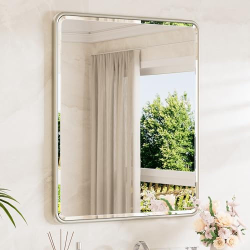 Brushed Nickel Mirrors for Wall 30 x 36 Beveled Edge Tempered Glass, Rounded Corner Rectangle Framed Mirror for Modern Bathroom, Living Room, Bedroom, Entryway - color: Brushed Nickel, size: 36"L x 30"W