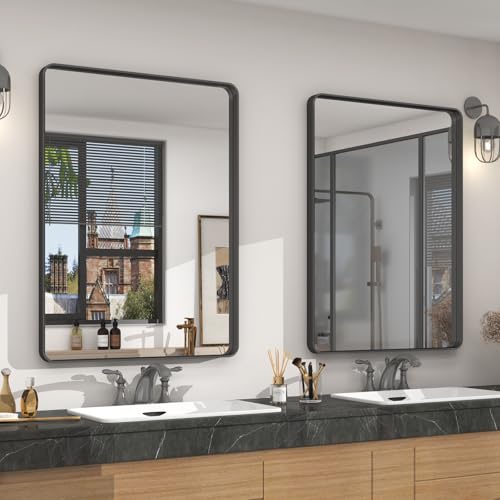 2 Pack of 22x30 Inch Black Metal Framed Bathrrom Mirror | Black Matte Frame, Rounded Rectangle Bathroom Vanity Mirror, Anti-Rust, HD Glass, Hangs Horizontally or Vertically - color: Black, size: 22x30(2Pack)