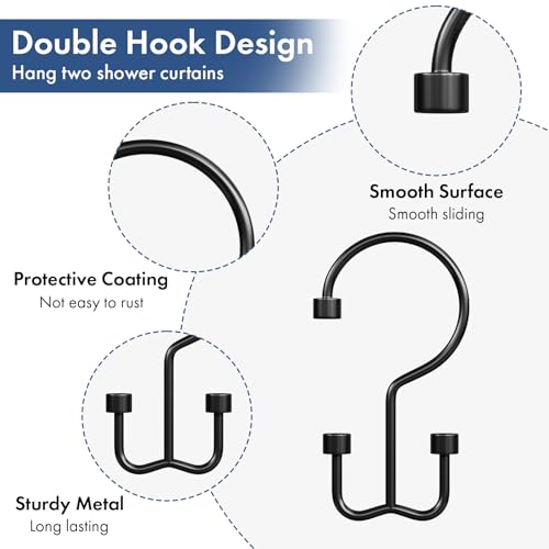 Bathway Shower Curtain Hooks Matte Black Shower Curtain Rings, 12 Pcs Double Hook Shower Curtain Hooks Rings Shower Curtain Hangers Rust Proof, Metal Shower Hooks for Bathroom Shower Curtain Rod - color: Matte Black, style: Modern