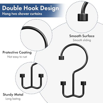 Bathway Shower Curtain Hooks Matte Black Shower Curtain Rings, 12 Pcs Double Hook Shower Curtain Hooks Rings Shower Curtain Hangers Rust Proof, Metal Shower Hooks for Bathroom Shower Curtain Rod - color: Matte Black, style: Modern